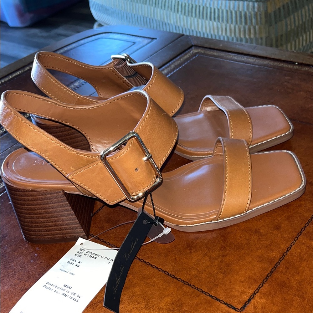 Leather NWTs Mango Cognac 2&1/2 Heel Sandals Size 8 - Picture 2 of 8